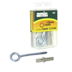 Haczyk wkręcany 3,3x64mm oczko 10mm cynkowany + kołek rozporowy 6x30 4szt.
