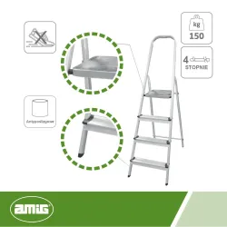 Drabina aluminiowa składana 4 stopnie szara udźwig 150kg mod. 485