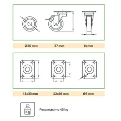 Kółko gumowe z hamulcem 30mm obrotowa płytka szare mod. 1309