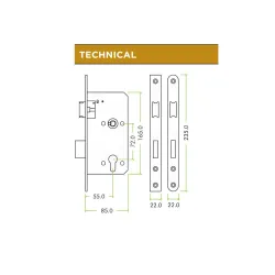 Zamek na wkładkę 72/55 czoło 22x235 stal mod. VDL
