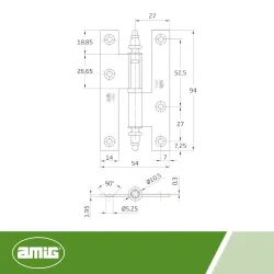 Zawias do drzwi 95x52 stal mosiądzowany rozłączny LEWY (pl) mod. 406