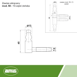 Zawias wkręcany 13x90mm Część żeńska czarny mod.50