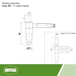 Zawias wkręcany 11x78mm Część męska mosiądzowany mod.50