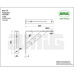 Wspornik półki wzmocniony stal czarny200x160mm mod. 25