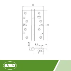 Zawias do drzwi 120x80mm mosiądz lakierowany LEWY (pl) rozłączny mod.1107