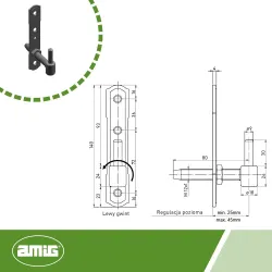 Trzpień zawiasu fi. 9mm 80mm regulowany czarny Lewy gwint AMIG mod. 2991