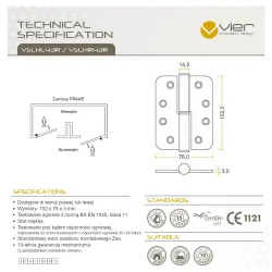 Zawias drzwiowy 102x76x3mm złoty electro brass prawy 2szt.
