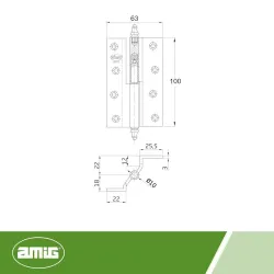 Zawias do drzwi 100x63mm mosiądz lakier. łamany rozłączny PRAWY (pl) mod. 1207
