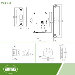 Zamek hakowy na wkładkę 50mm chrom mat + rozety kwadrat. mod. 605