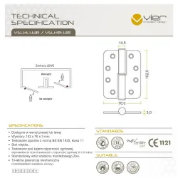 Zawias drzwiowy 102x76x3mm złoty electro brass lewy 2szt.