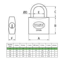 Kłódka mosiężna 15mm pojedyncze ryglowanie KA ten sam klucz mod. 10