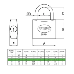 Kłódka 25mm mosiężna ten sam klucz pojedyncze ryglowanie mod.10