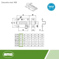 Zasuwka ze stali nierdzewnej INOX 25x27mm mod. 800