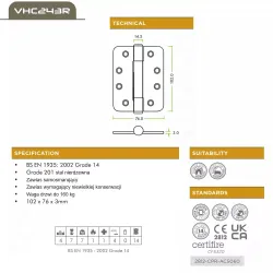 Zawias do drzwi 102x76mm stal nierdzewna INOX miedziany splatany 2szt.