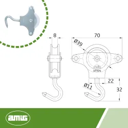 Bloczek do linek 8mm z hakiem plastikowe kółko 39mm mod.5