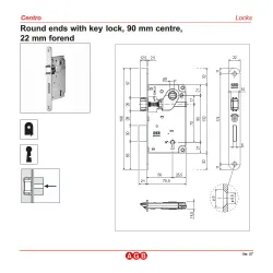 Zamek drzwiowy na klucz 90/50 chrom mat F22 CENTRO z ryglem