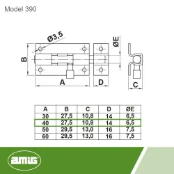 Zasuwka meblowa stalowa 40x28mm mosiądzowana mod. 390