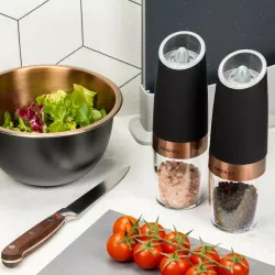 Młynek elektryczny - grawitacyjny do  soli/pieprzu czarno miedziany 2szt.