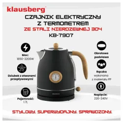Czajnik elektryczny 1,7l z termometrem Inox czarny Klausberg