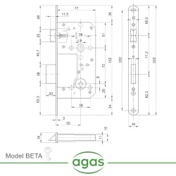 Zamek drzwiowy na klucz 72/50 F20 mosiądzowany mod. BETA
