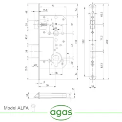 Zamek drzwiowy na wkładkę 72/50 czoło 18mm złoto antyczne ALFA