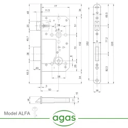 Zamek drzwiowy na klucz 72/50 czoło 18mm nikiel satyna ALFA