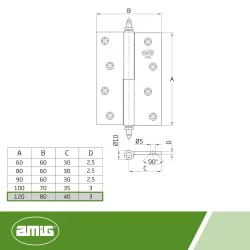 Zawias do drzwi 120x80mm mosiądz chrom mat rozłączny LEWY (pl) mod. 1007