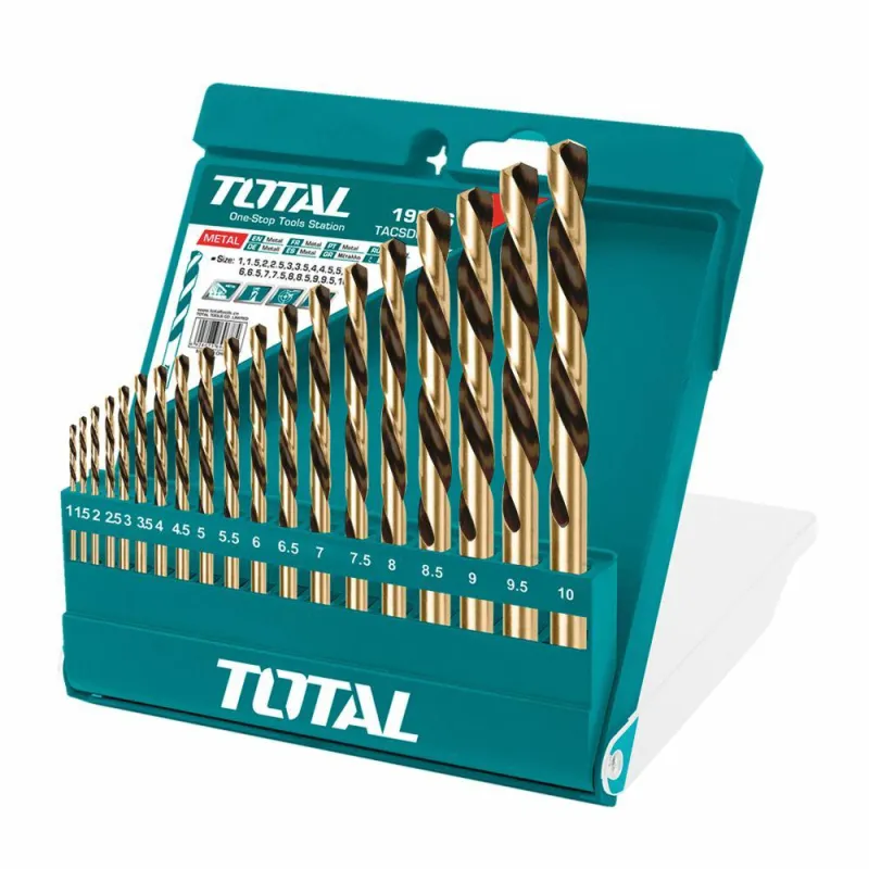 Wiertła do metalu HSS 1-10mm 19elementów w pudełku mod. TACSD0195 TOTAL