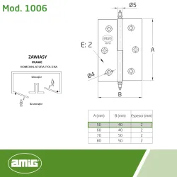 Zawias mosiężny lakierowany 50x40mm PRAWY (pl) mod. 1006