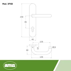 Klamka drzwiowa tzw. bezpieczna INOX na wkładkę 85mm długi szyld mod. 3PXB85 AMIG