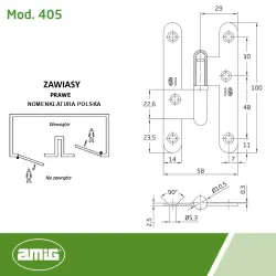 Zawias do drzwi 100x58mm mosiądz złoto antyczne Prawy (pl) mod. 405