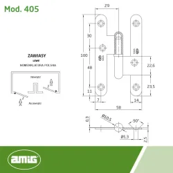 Zawias do drzwi 100x58mm mosiądz złoto antyczne Lewy (pl) mod. 405