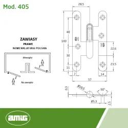 Zawias do drzwi 100x57mm mosiądz złoto antyczne rozłączny PRAWY (pl) mod. 405