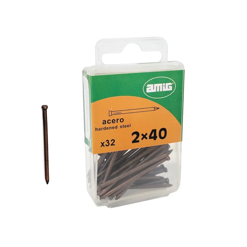 Gwoździe gwoździki do betonu 2x40mm płaski łeb stalowy miedziowany 32 sztuki
