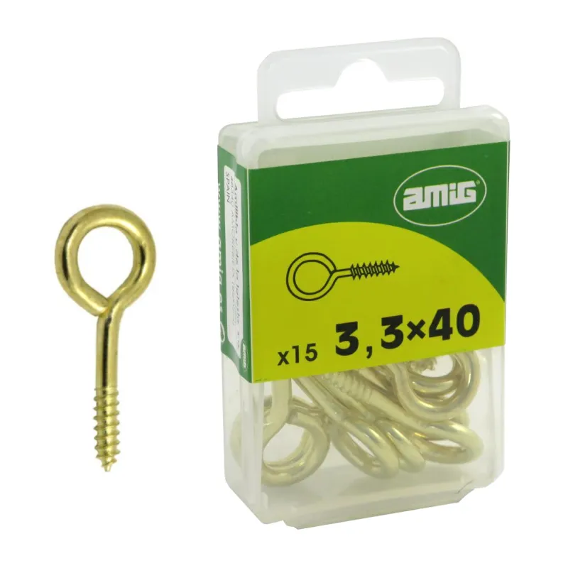 Haczyki oczkowe wkręcane 3,3x40mm oczko 12mm mosiądzowane 15szt.