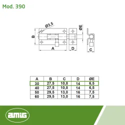 Zasuwka meblowa stalowa 30x28mm mosiądzowana mod. 390