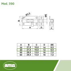 Zasuwka meblowa stalowa 40x28mm niklowana mod. 390