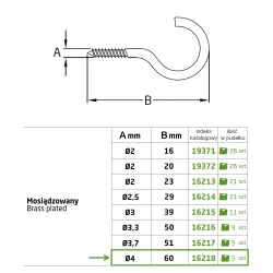 Haczyki półpełne 4x60mm mosiądzowane półoczka wkręcane 5szt.