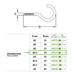 Haczyki półpełne 2,5x29mm mosiądzowane półoczka wkręcane 21szt.