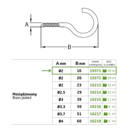Haczyki półpełne 2x16mm mosiądzowane półoczka wkręcane 26szt.