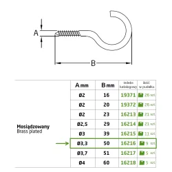 Haczyki półpełne 3,3x50mm mosiądzowane półoczka wkręcane 9szt.