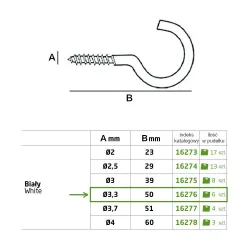 Haczyki półpełne 3,3x50mm białe półoczka wkręcane 6szt.
