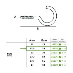 Haczyki półpełne 2,5x29mm białe półoczka wkręcane 13szt.