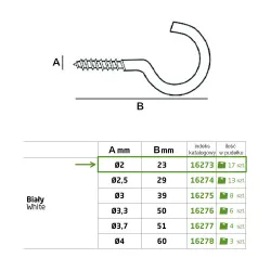 Haczyki półpełne 2x23mm białe półoczka wkręcane 17szt.