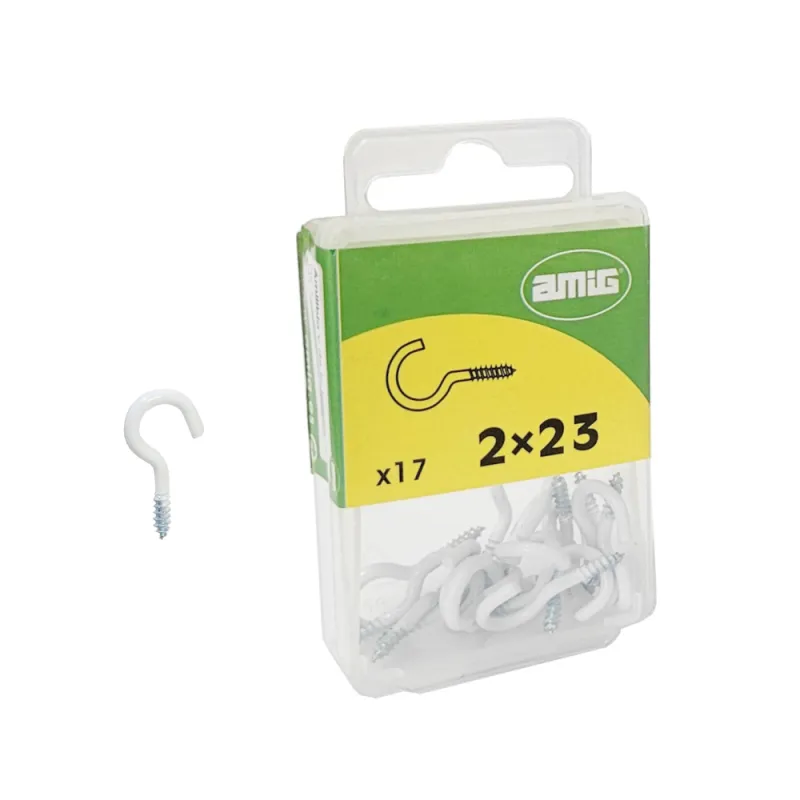 Haczyki półpełne 2x23mm białe półoczka wkręcane 17szt.