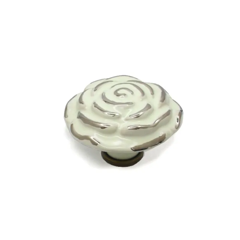 Gałka meblowa ceramiczna Róża 70mm kremowo srebrna IT-P40