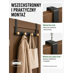 Wieszak na drzwi 4-punktowy czarny z drewnianymi haczykami 350x172mm mod. CP44
