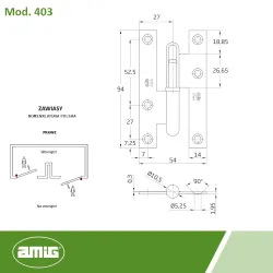 Zawias do drzwi 94x54mm stal mosiądzowany rozłączny PRAWY (pl) mod. 403