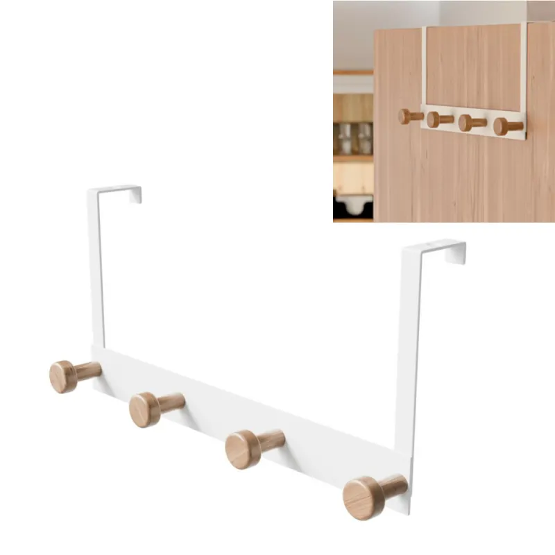 Wieszak na drzwi 4-punktowy biały z drewnianymi haczykami 350x172mm mod. CP43