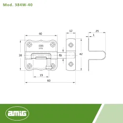 Zasuwka meblowa 40x38mm mosiądzowana z wysokim zaczepem mod. 384